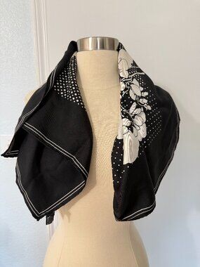 Christian Dior 100% Silk Black Ivory Floral Square Scarf